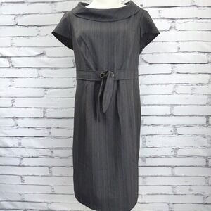Karin Stevens Grey Pinstripe Cowl Neck‎ Sheath Dress with Tie Waist Size 14
